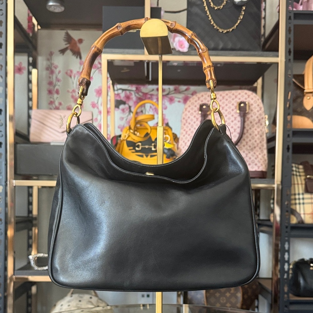 Gucci Black Leather Shoulder Bag with Bamboo Handle